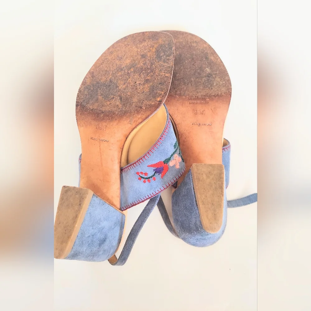 Miu Miu Embroidered Blue Suede Block Heel Sandals Size US 5.5 EU 35.5